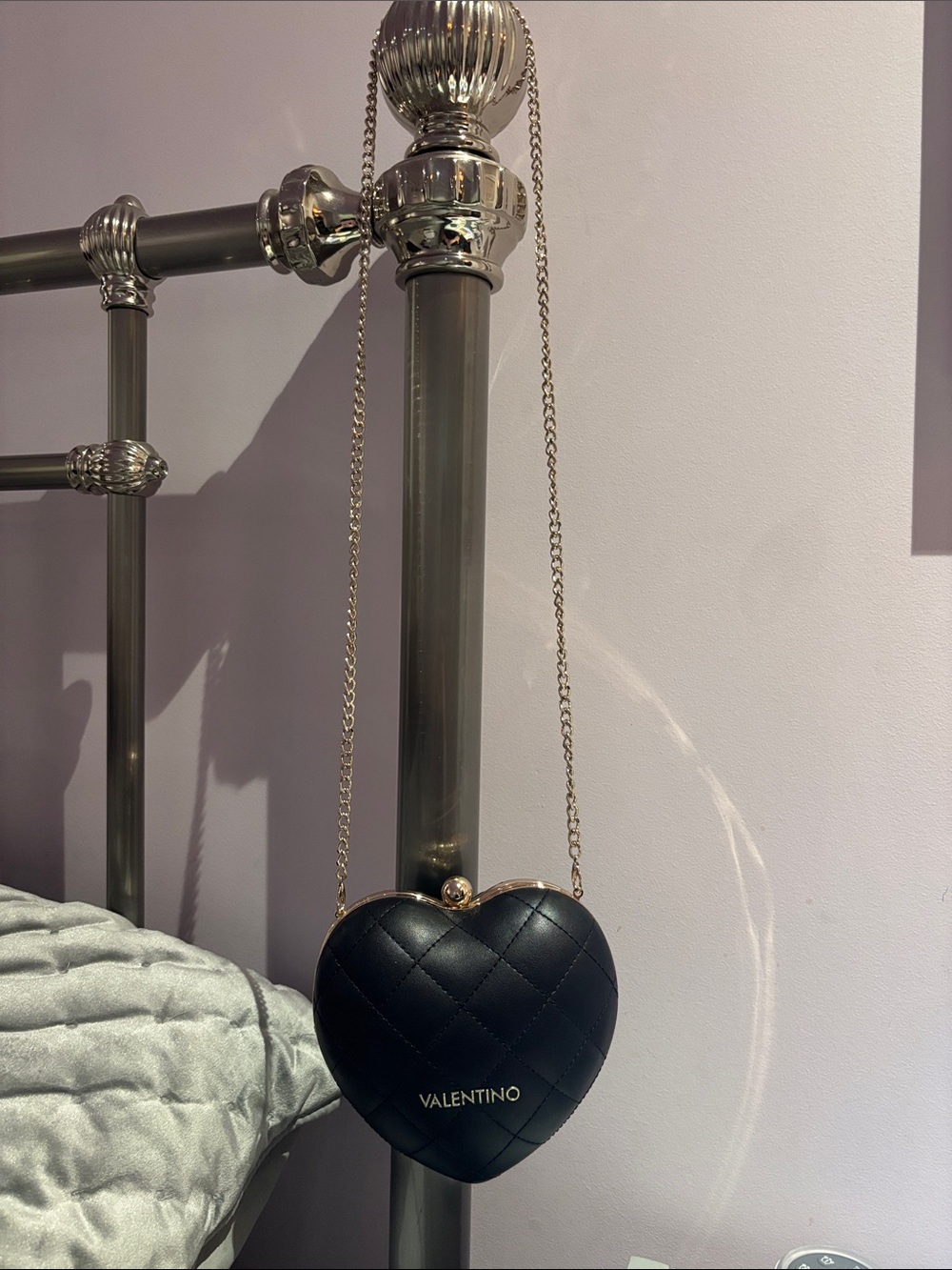Valentino Black Quilted Heart Mini Bag with Gold Chain